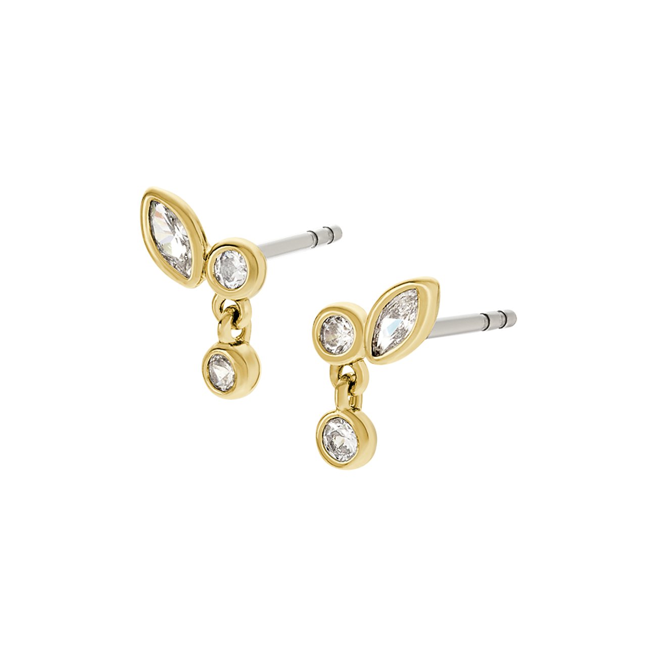 Fossil Ohrstecker aus Metall mit Glassteinen, goldfarben, mit Blatt- und Tropfenform.