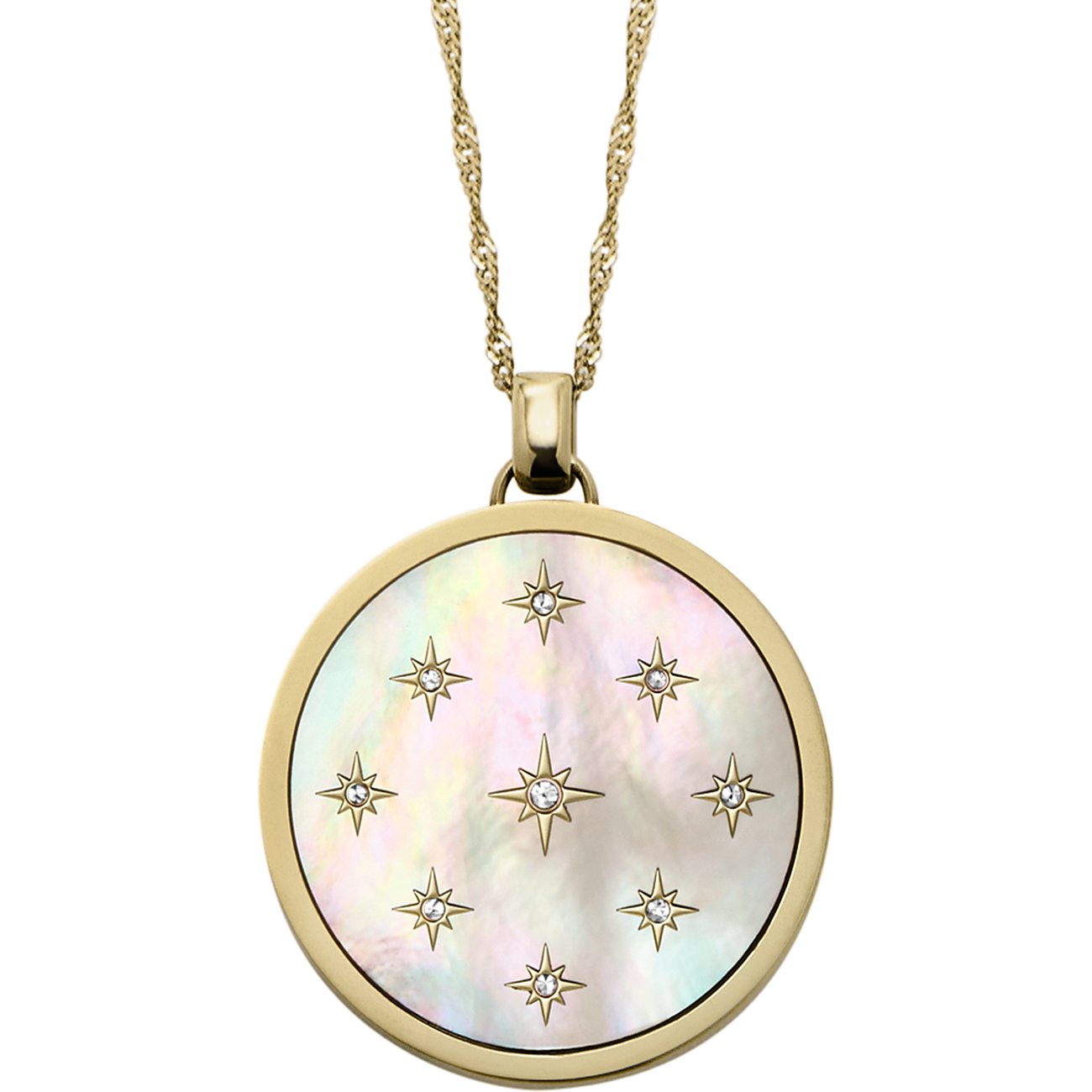 Fossil Anhänger aus Edelstahl mit Sternen und Glassteinen.