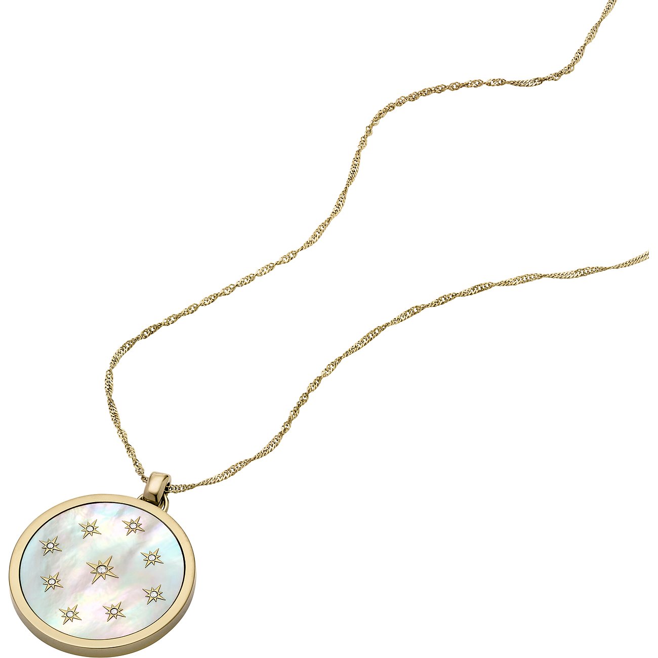 Fossil Halsschmuck aus Edelstahl mit Glassteinen, Sternmotiv.