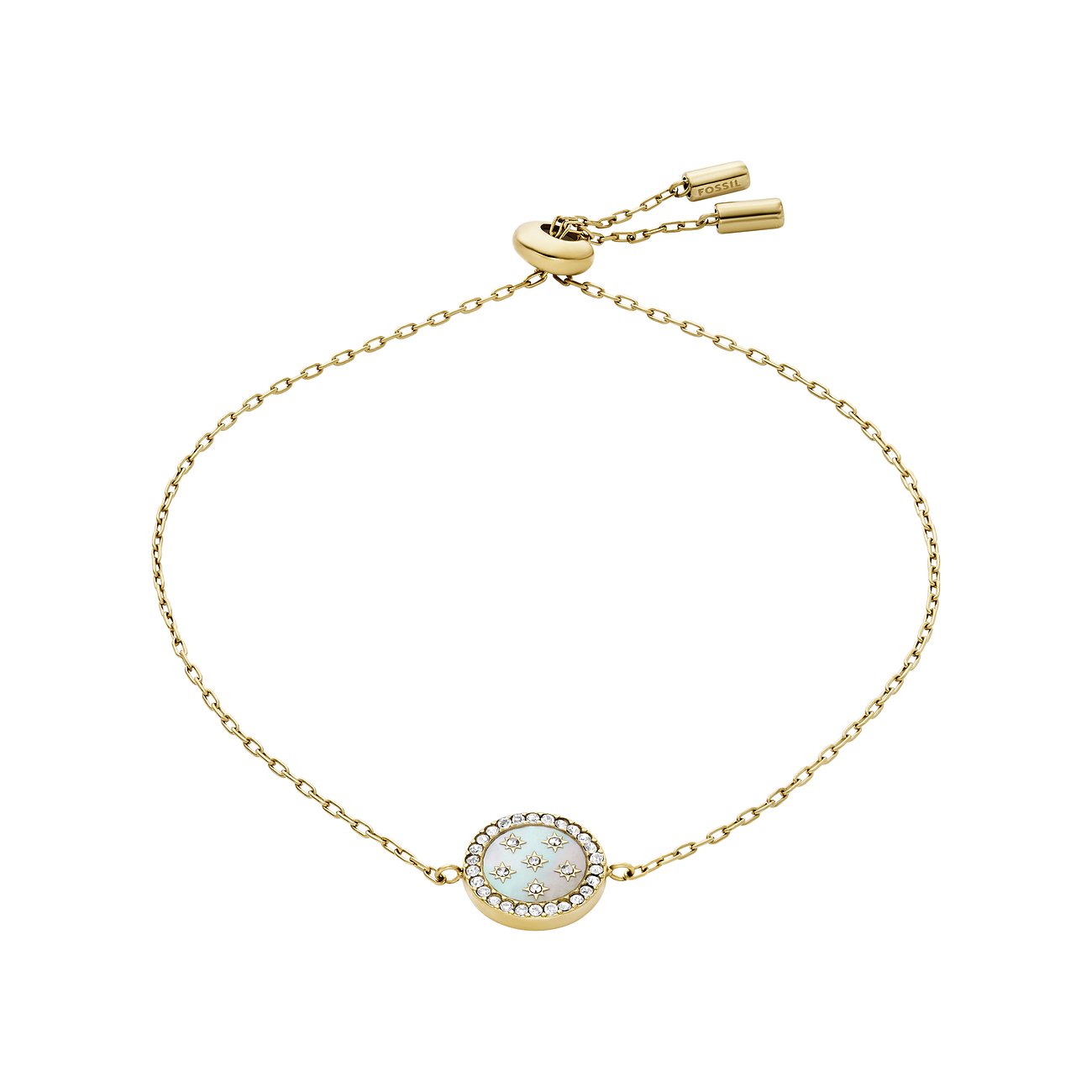 Fossil Armband aus Edelstahl mit Glassteinen und Sternenmotiv.