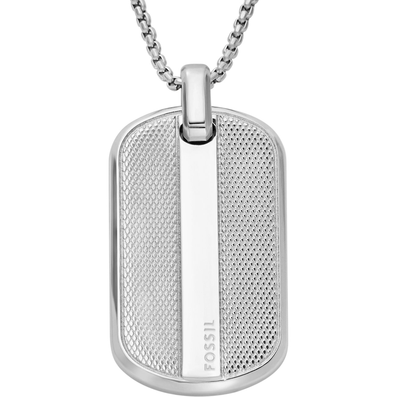 Fossil Halsschmuck aus Edelstahl mit geprägtem Anhänger.