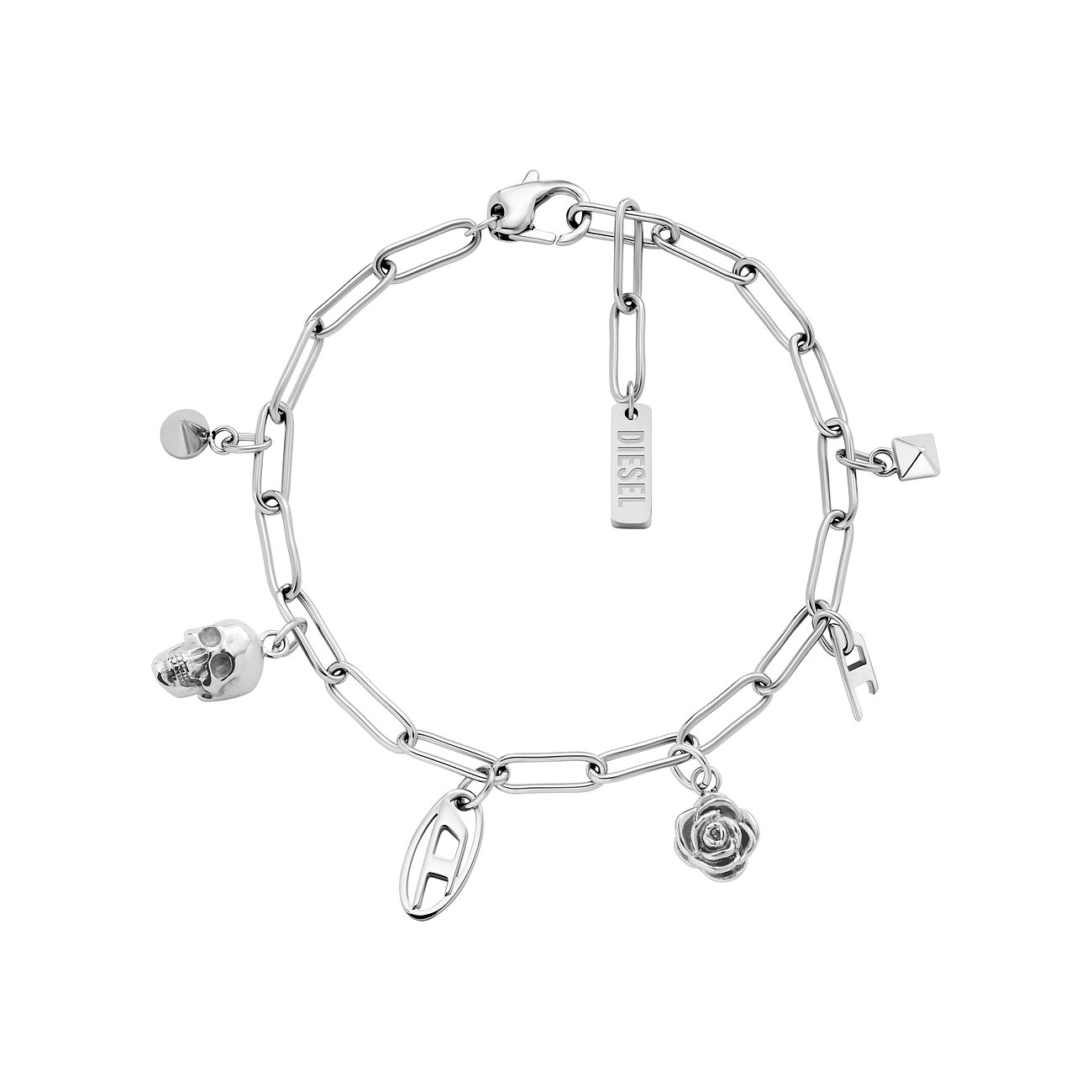 Bracelet Diesel en acier inoxydable avec breloques tête de mort et rose.