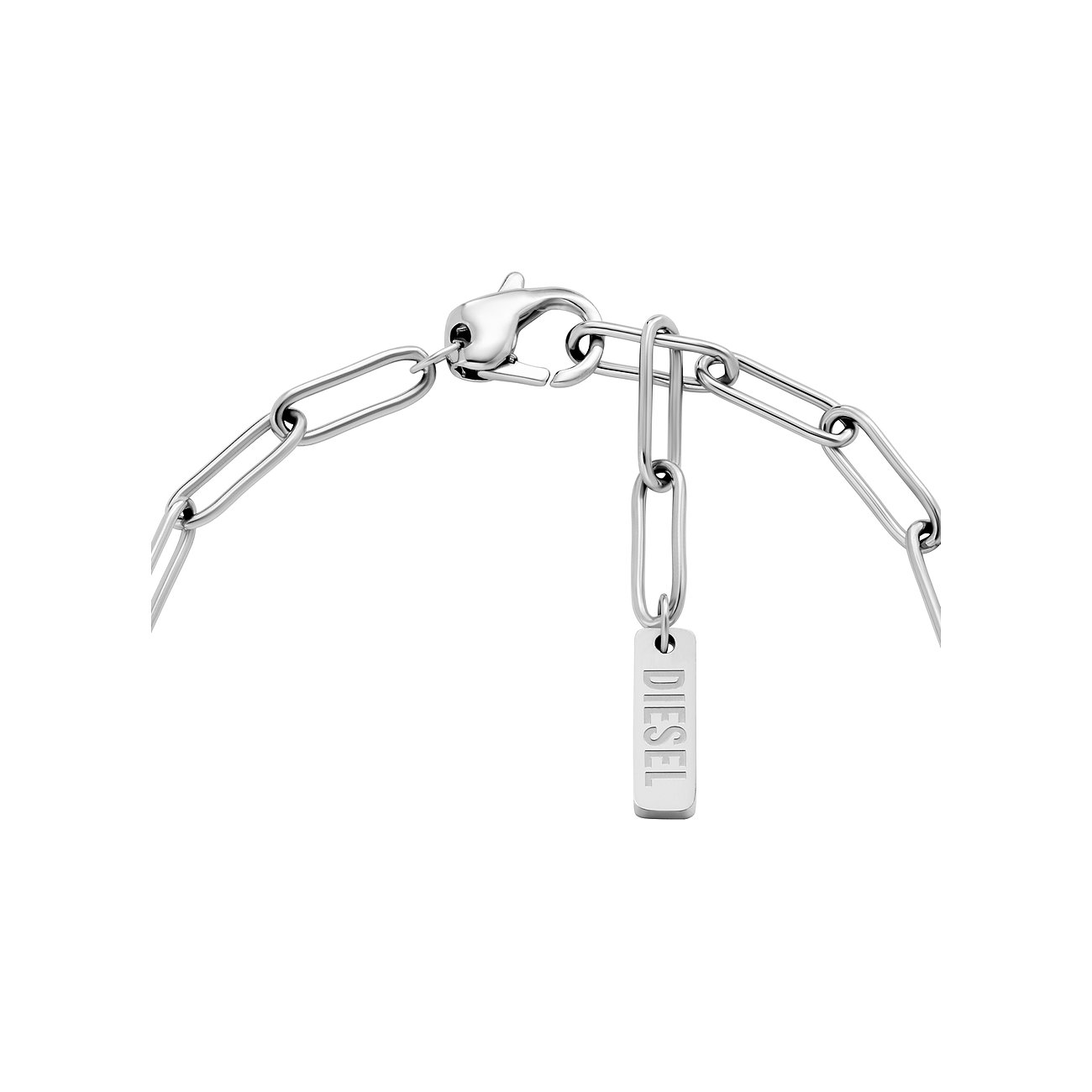 Bracelet Diesel en acier inoxydable avec maillons distinctifs et pendentif.