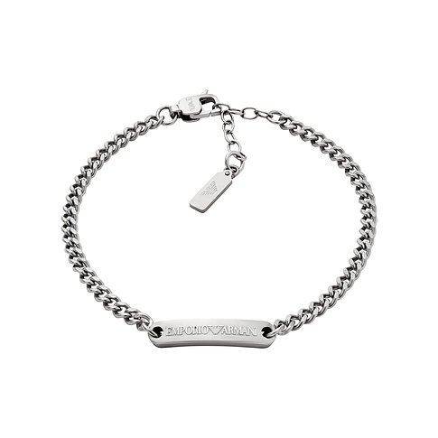 Bracciale Emporio Armani in acciaio inossidabile con targhetta logo e chiusura a moschettone.
