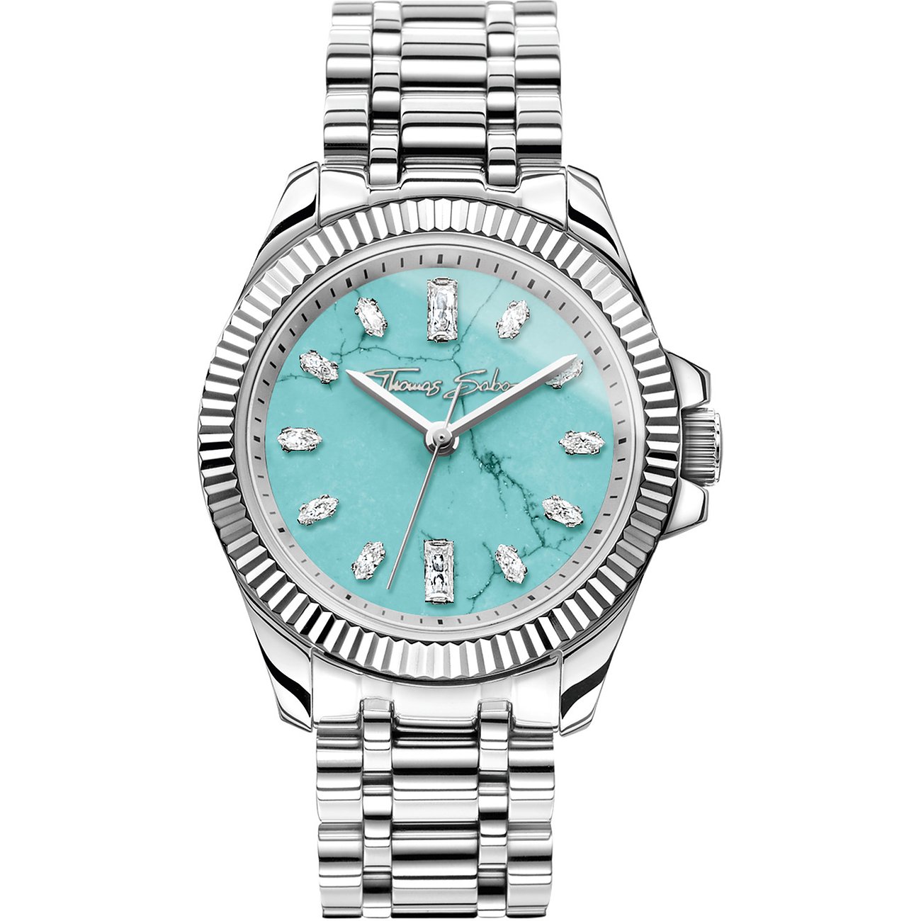 Thomas Sabo damarmbandsur i rostfritt stål med turkos urtavla och glittrande zirkoniaindex.