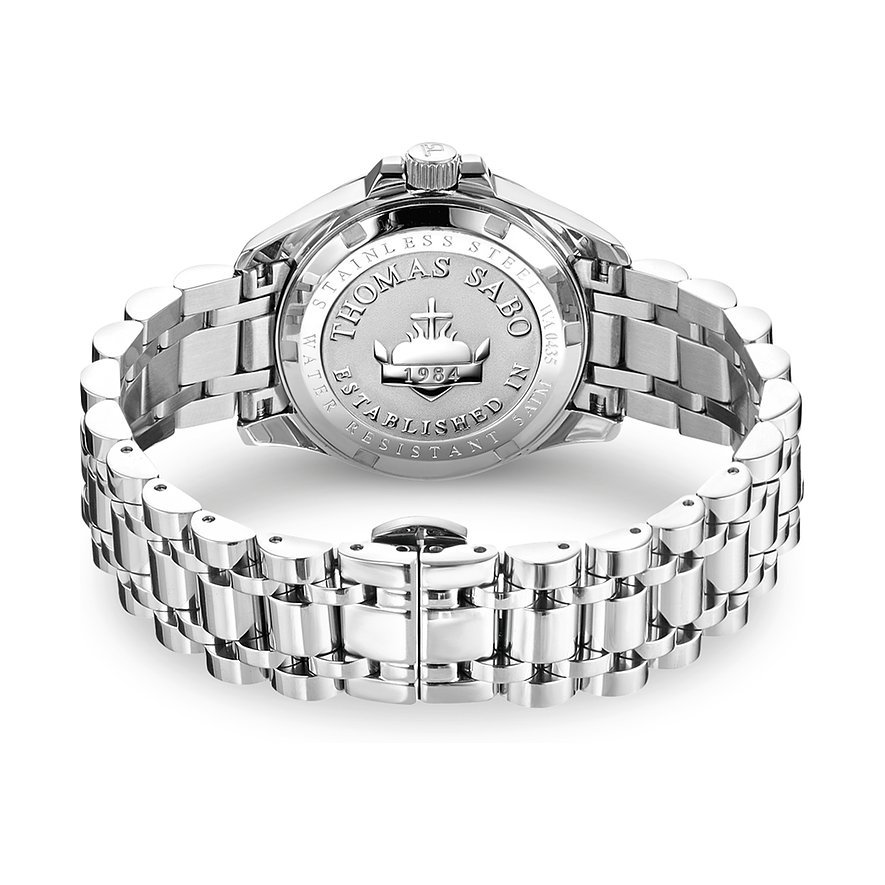 Baksidan av silverfärgad Thomas Sabo damklocka i rostfritt stål med ingraverad varumärkeslogga mitt på boetten.