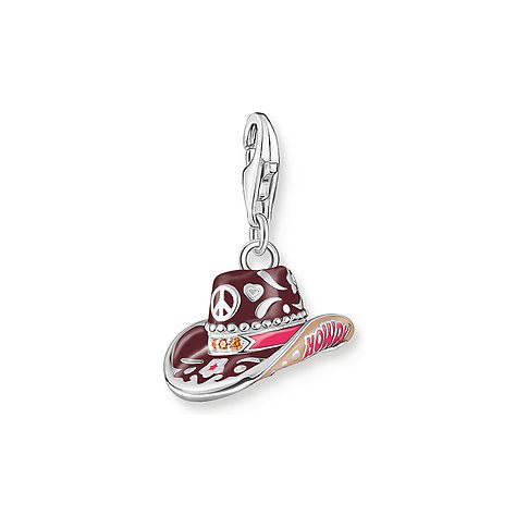 Charm Thomas Sabo en argent en forme de chapeau de cowboy avec émail bordeaux, zircone et inscription « Howdy ».
