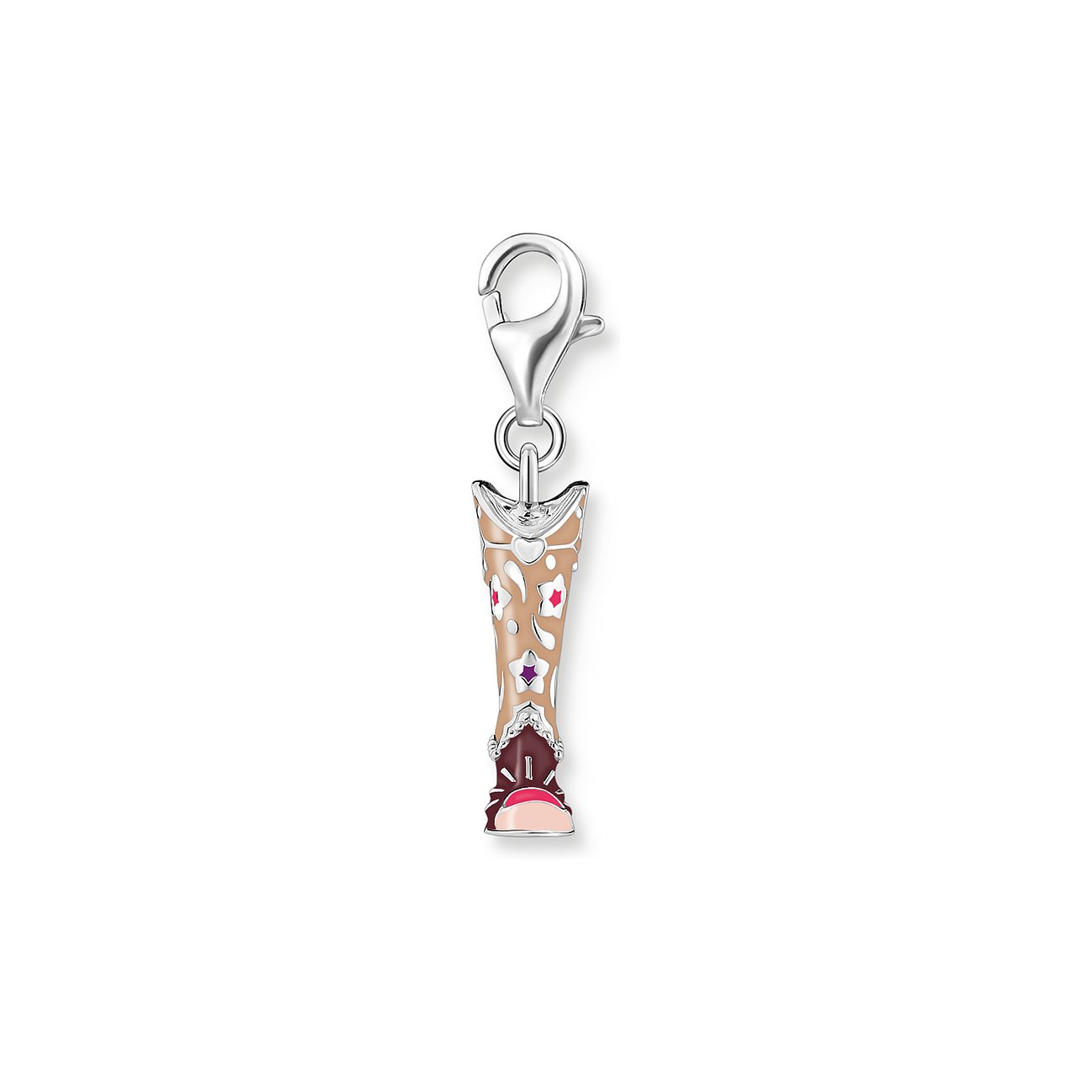 Silverfärgad Thomas Sabo berlock i stövelform med emalj och zirkonia. Ljusbrun stövel med mönster.