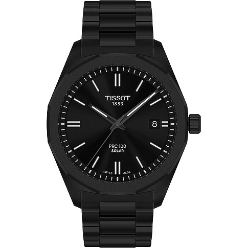 Tissot Herrenuhr aus Edelstahl, schwarz, analog, mit Datumsanzeige.