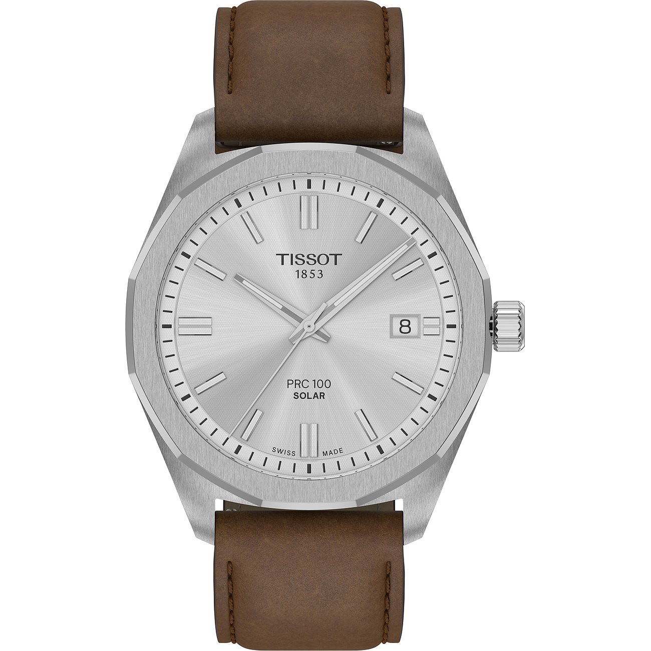 Tissot Herrenuhr mit Edelstahlgehäuse, silberfarbenem Zifferblatt und braunem Lederarmband.