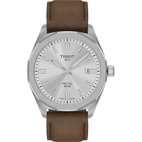 Tissot Herrenuhr mit Edelstahlgehäuse, silberfarbenem Zifferblatt und braunem Lederarmband.