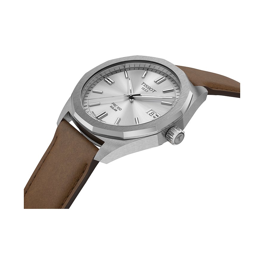 Tissot Herrenuhr mit Edelstahlgehäuse, silberfarbenes Zifferblatt und braunes Lederarmband.
