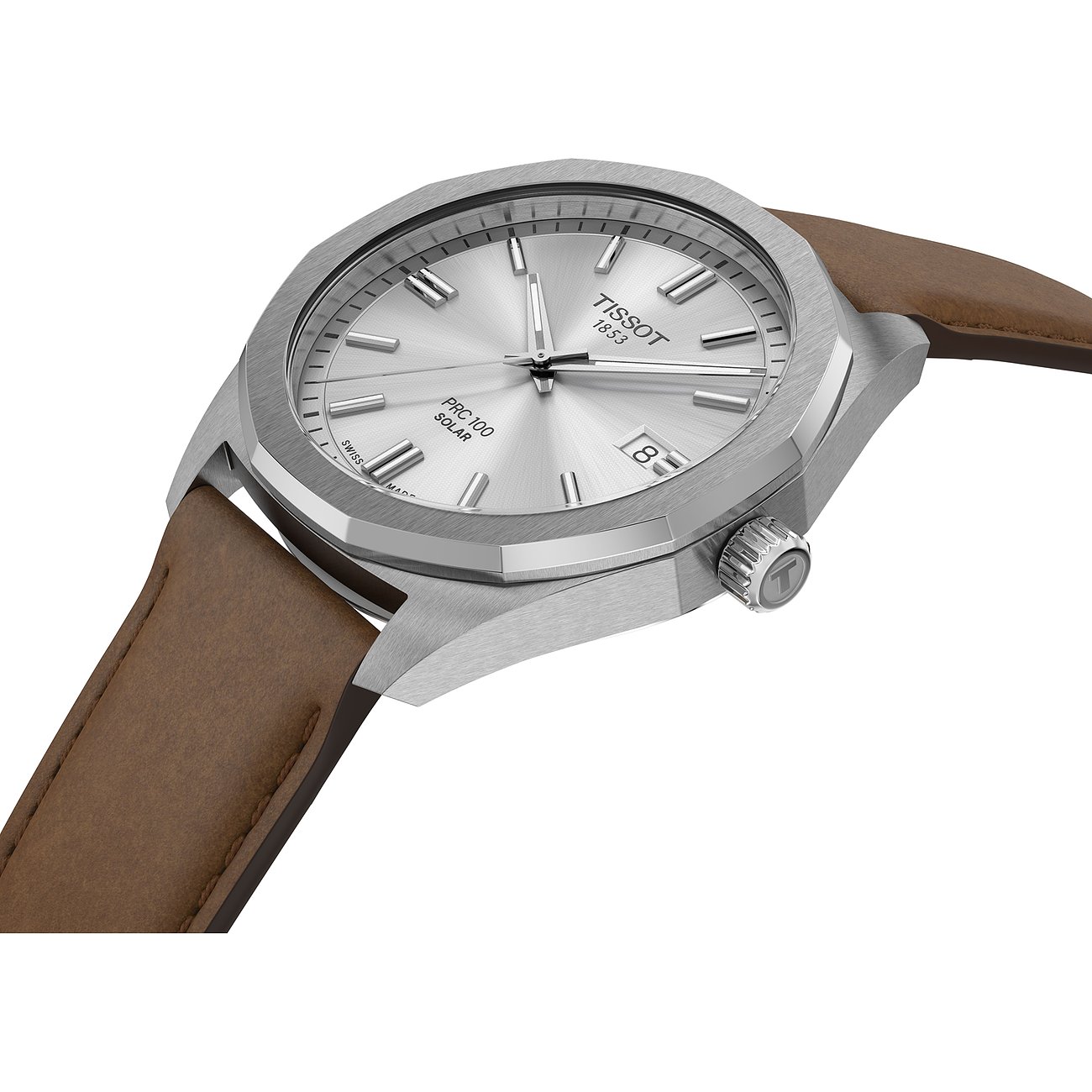 Tissot Herrenuhr mit Edelstahlgehäuse, silberfarbenes Zifferblatt und braunes Lederarmband.