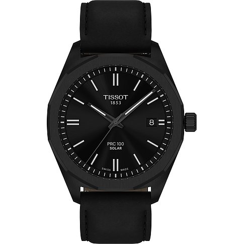 Tissot Herrenuhr mit Edelstahlgehäuse, schwarzes Zifferblatt, analog.