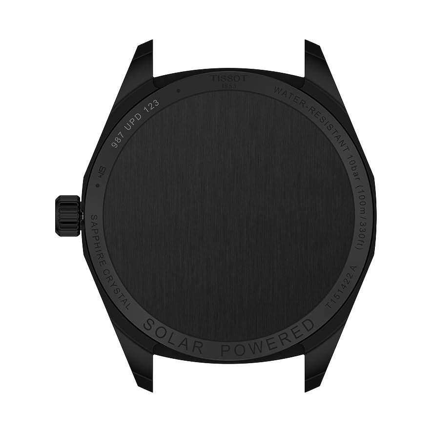 Tissot Herrenuhr mit Edelstahlgehäuse, schwarzes Gehäuse und Armband.