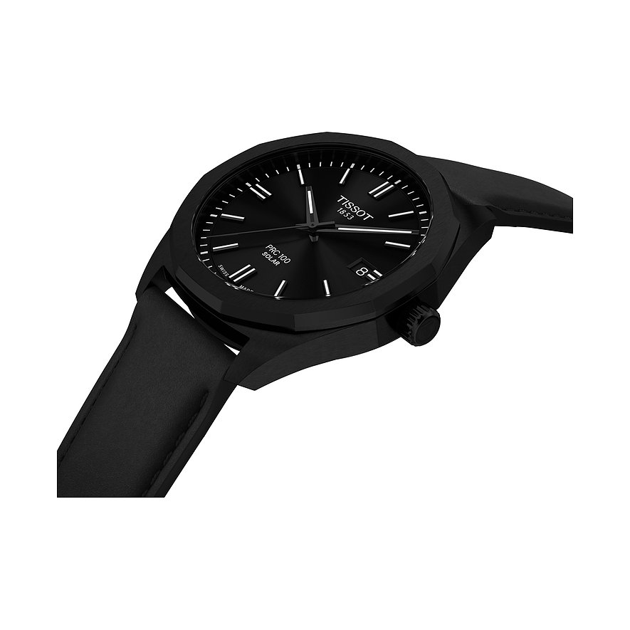 Tissot Herrenuhr mit schwarzem Edelstahlgehäuse und schwarzem Zifferblatt.