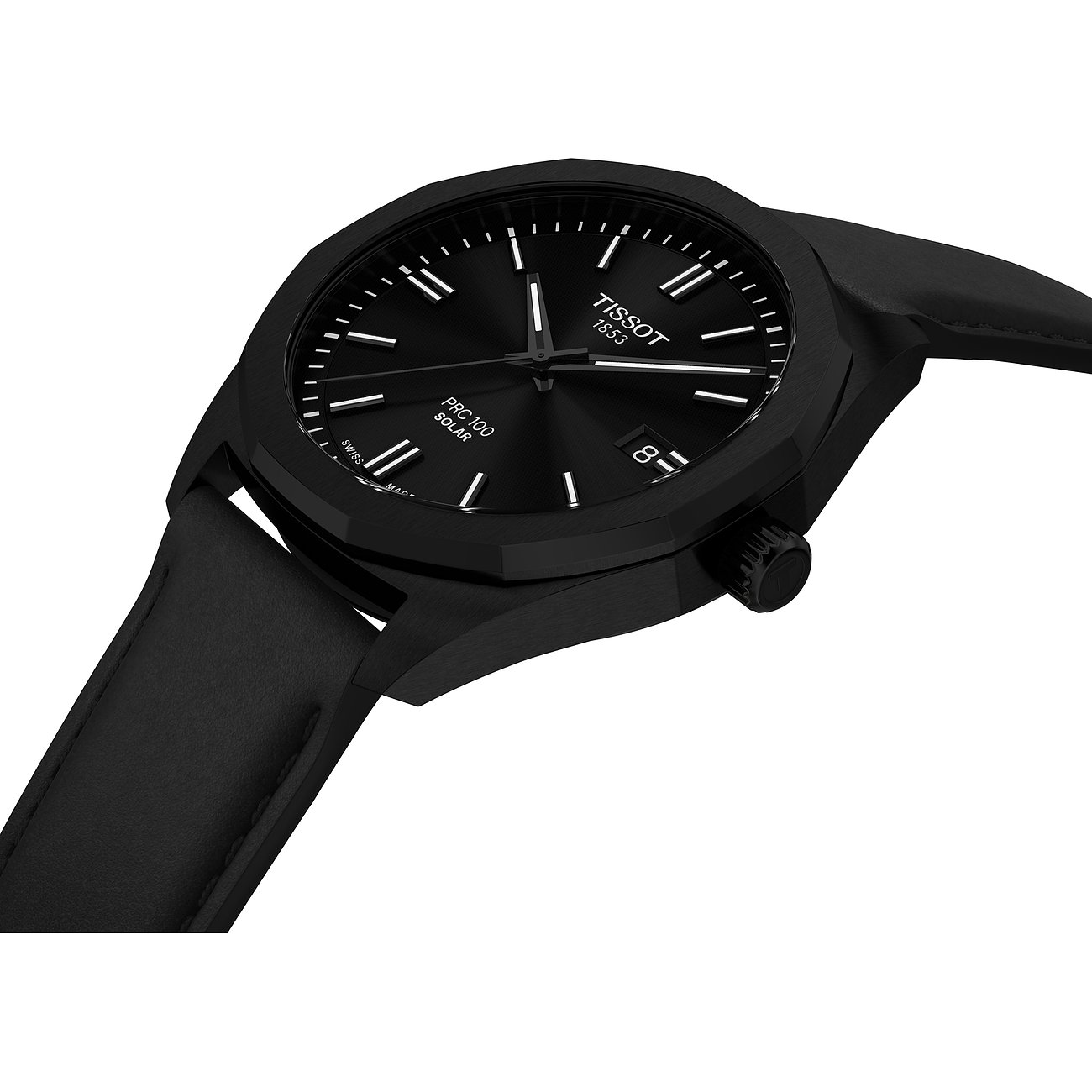 Tissot Herrenuhr mit schwarzem Edelstahlgehäuse und schwarzem Zifferblatt.