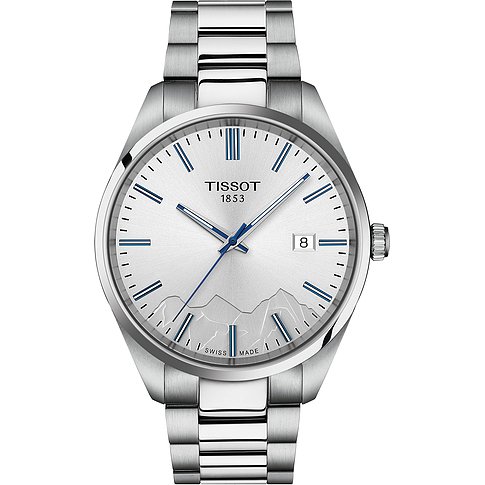 Tissot Herrenuhr mit Edelstahlgehäuse, silberfarbenes Zifferblatt und blauen Akzenten.