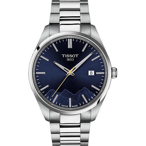 Tissot Herrenuhr mit Edelstahlgehäuse und blauem Zifferblatt.