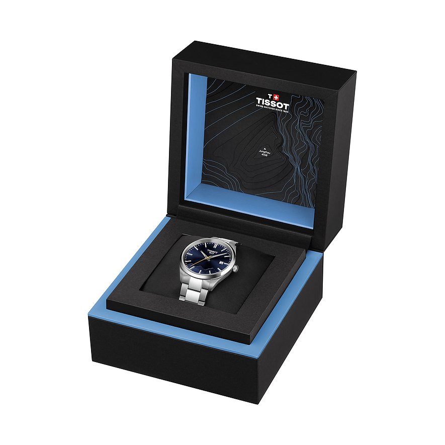 Tissot Herrenuhr mit Edelstahlgehäuse und blauem Zifferblatt.