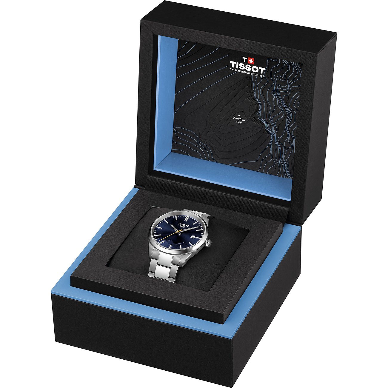 Tissot Herrenuhr mit Edelstahlgehäuse und blauem Zifferblatt.