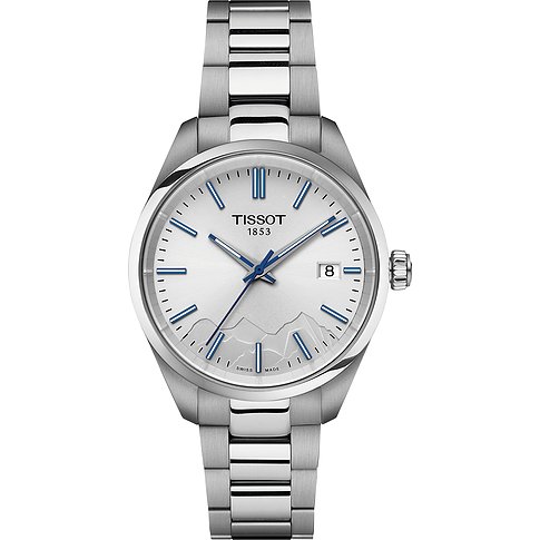 Tissot Unisexuhr mit Edelstahlgehäuse und silbernem Zifferblatt.