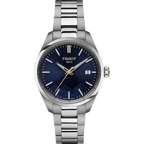Tissot Unisexuhr mit Edelstahlgehäuse, blauem Zifferblatt und Datumsanzeige.