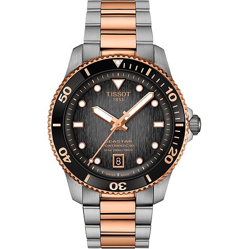 Tissot Unisexuhr mit Roségoldgehäuse, analog, bicolor, schwarzem Zifferblatt.