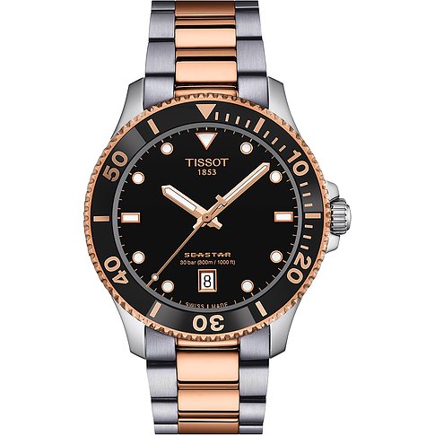 Tissot Unisexuhr mit Roségoldgehäuse, bicolor, analog, schwarzes Zifferblatt.