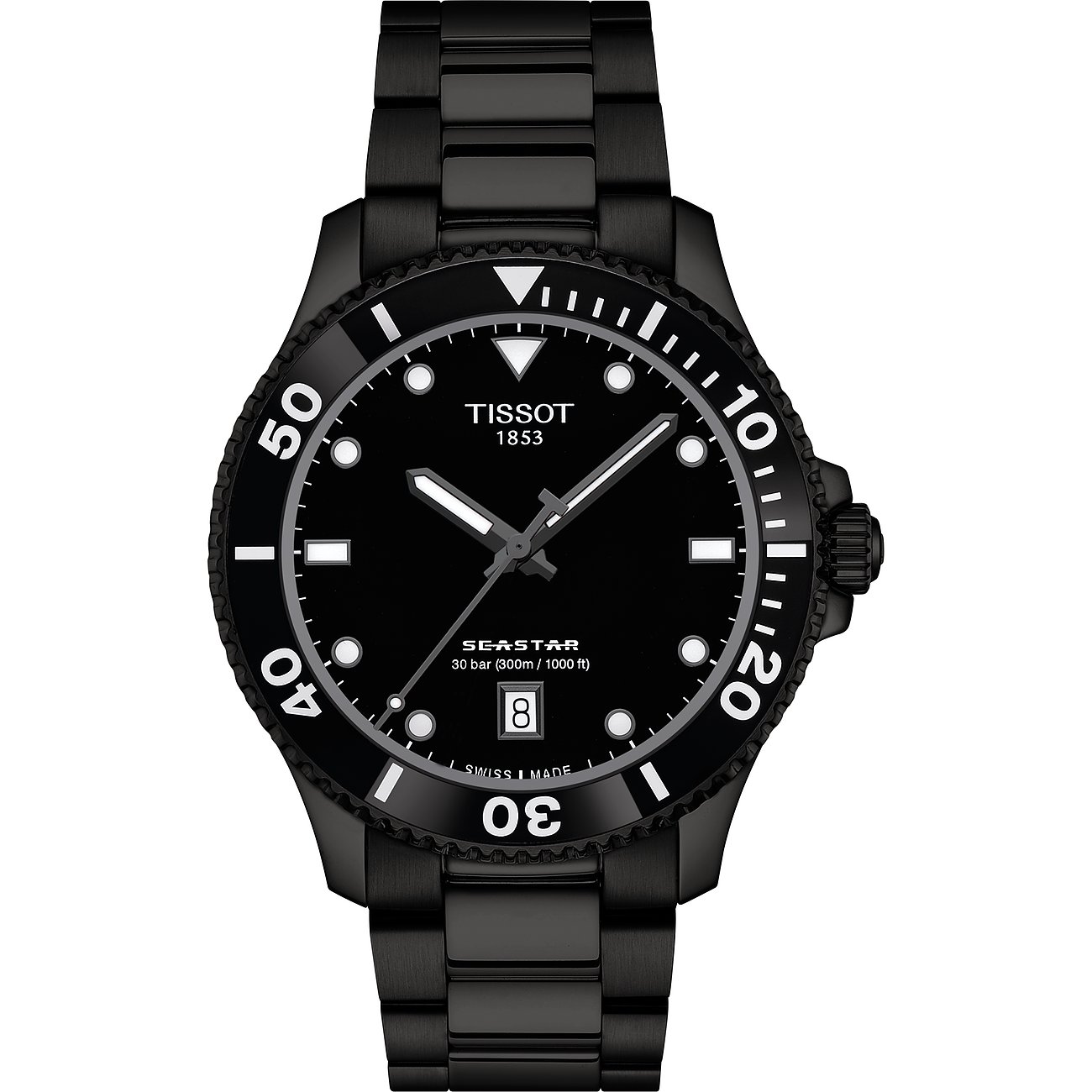 Tissot Unisexuhr mit Edelstahlgehäuse, schwarzem Zifferblatt und analoger Anzeige.