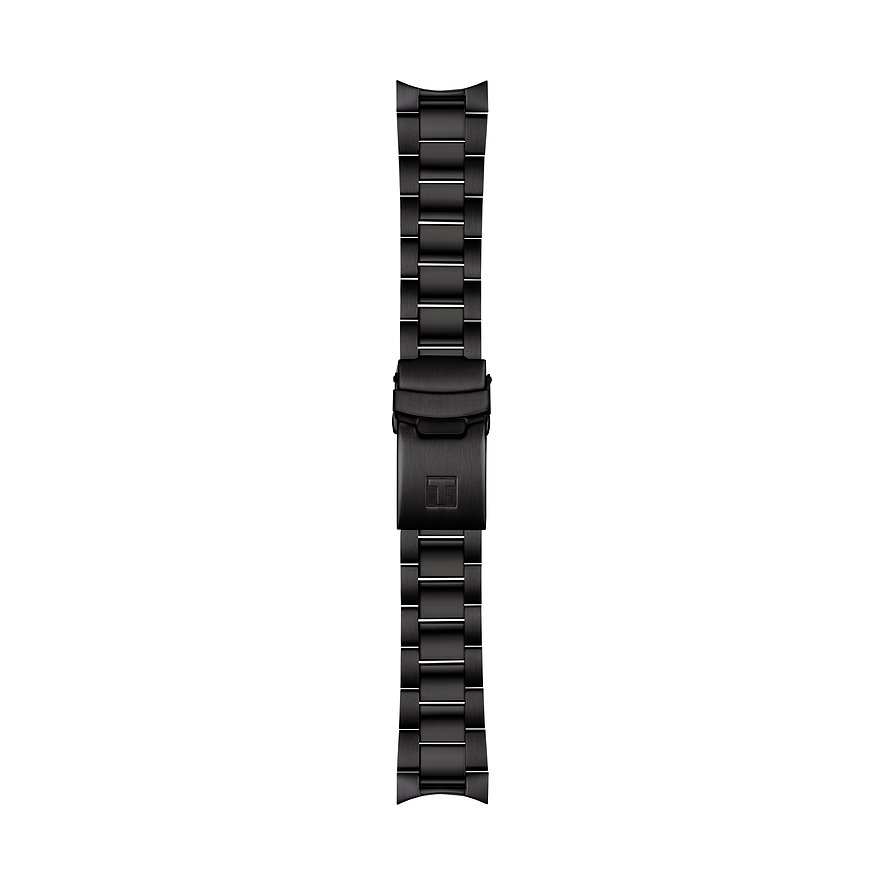 Tissot Unisexuhr mit Edelstahlgehäuse, schwarzes Armband, schwarze Lünette, analog.