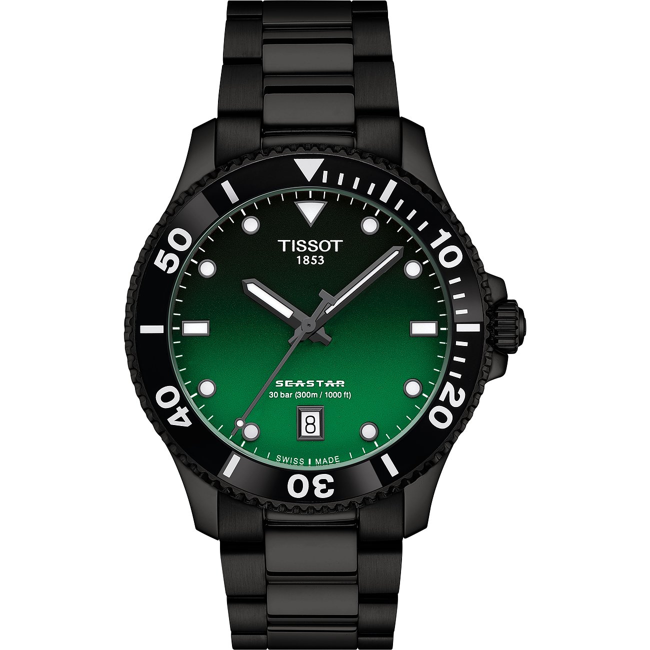 Tissot Unisexuhr mit Edelstahlgehäuse, analog, grünem Zifferblatt und schwarzer Lünette.