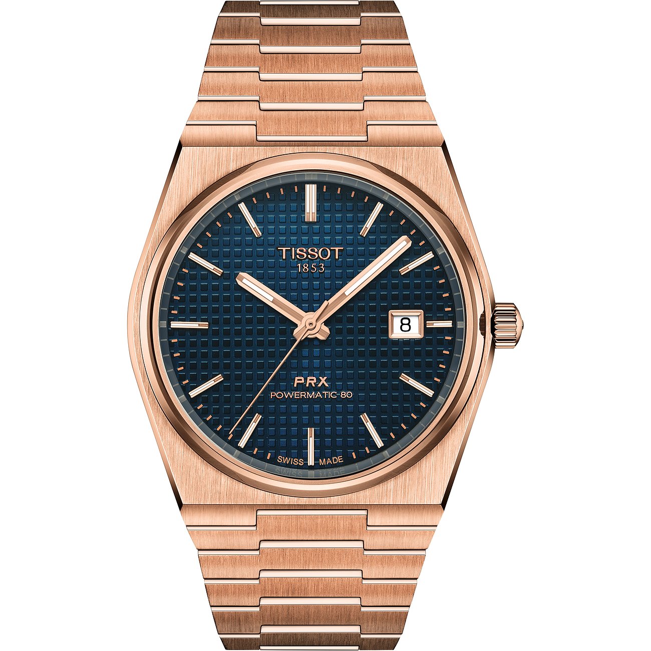 Tissot Herrenuhr mit Roségoldgehäuse, blauem Zifferblatt und Datum.