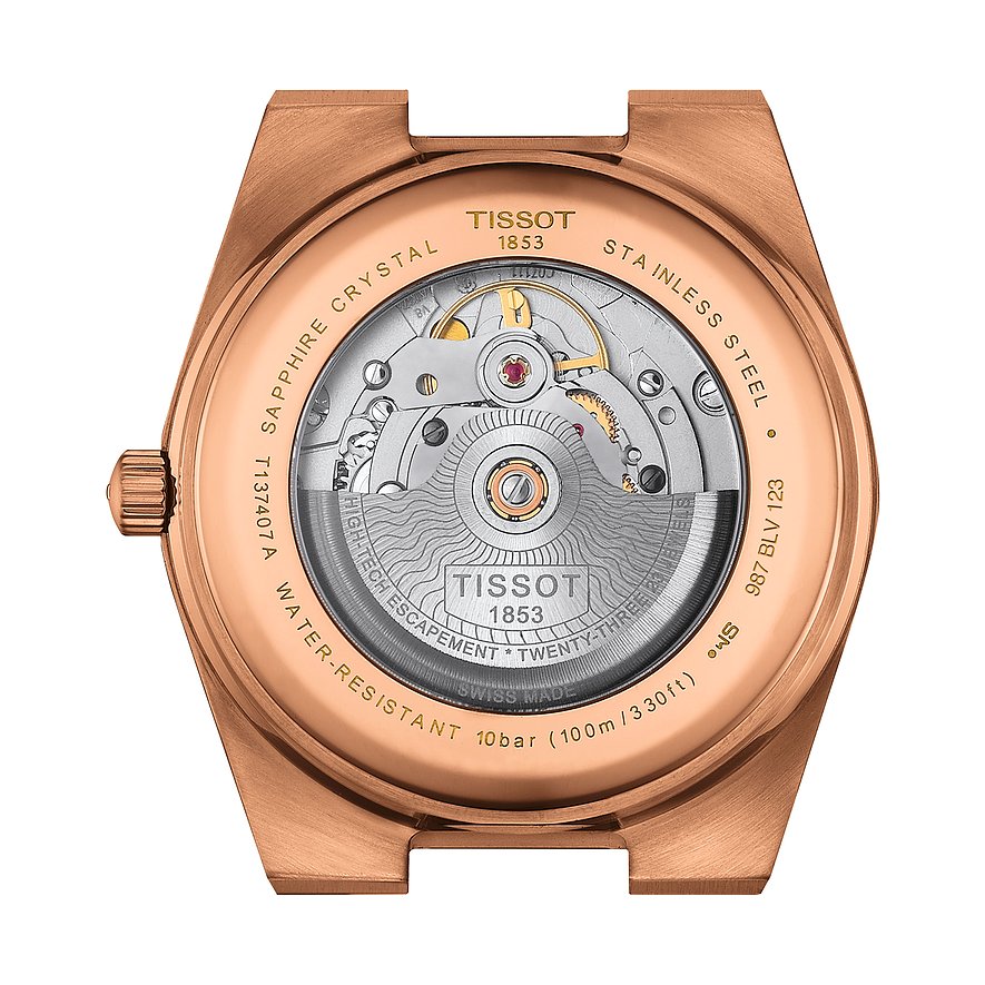 Tissot Herrenuhr mit Roségoldgehäuse und Sichtboden.
