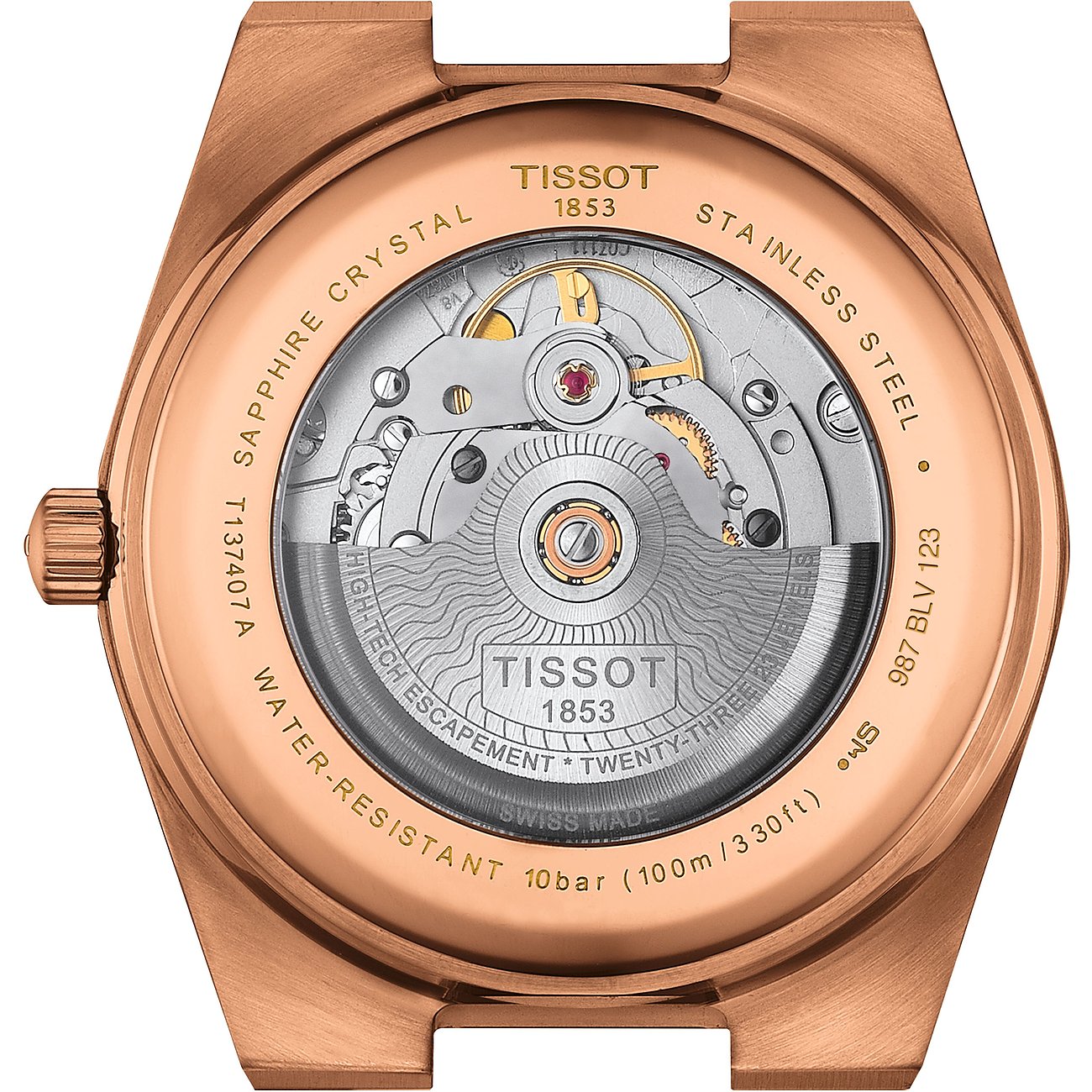Tissot Herrenuhr mit Roségoldgehäuse und Sichtboden.