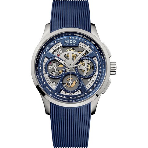 Mido Herrenuhr mit Edelstahlgehäuse, skelettiert, mit blauem Zifferblatt und blauem Armband.