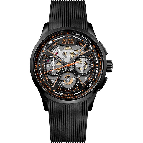 Mido Herrenuhr mit Edelstahlgehäuse, Skelett-Zifferblatt und orangen Akzenten.