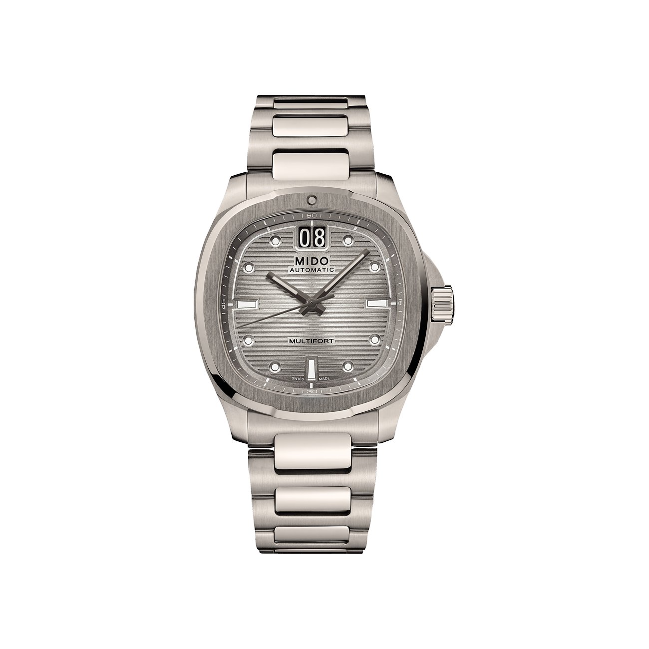 Mido Multifort Herrenuhr aus satiniertem Edelstahl mit grauem Zifferblatt und Datum, frontal aufgenommen.
