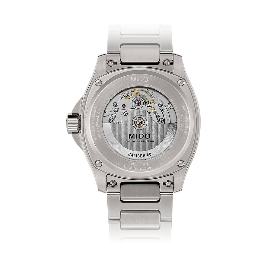 Rückansicht der Mido Herrenuhr aus Edelstahl mit sichtbarem Uhrwerk und 