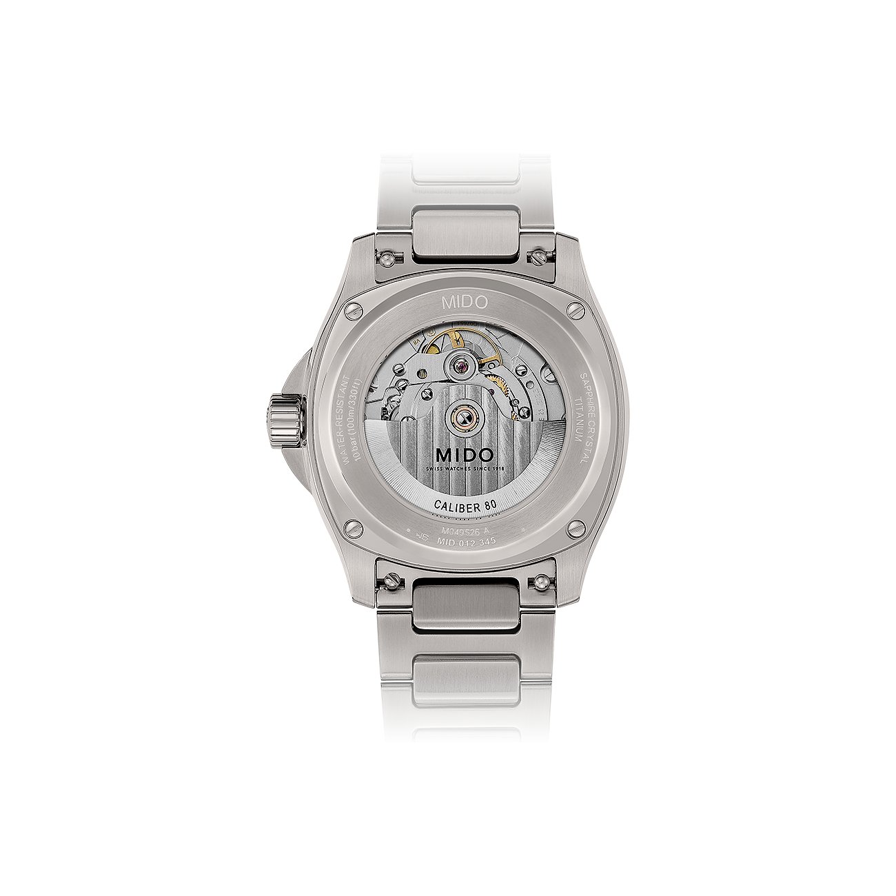 Rückansicht der Mido Herrenuhr aus Edelstahl mit sichtbarem Uhrwerk und 