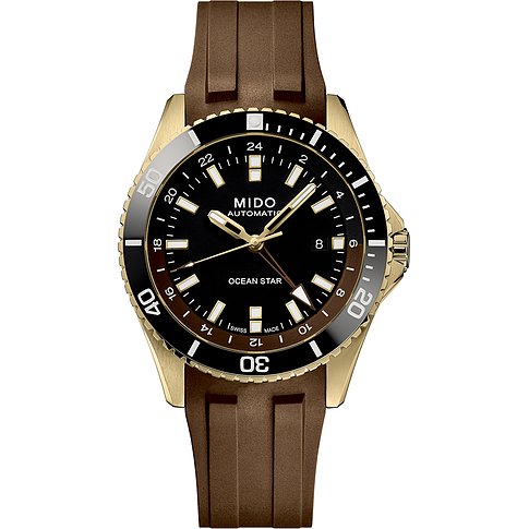 Mido Herrenuhr mit Edelstahlgehäuse, schwarzem Zifferblatt, Automatikwerk und braunem Armband.