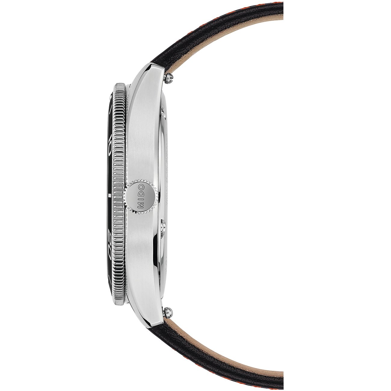 Mido Herrenuhr mit Edelstahlgehäuse und schwarzem Lederarmband.