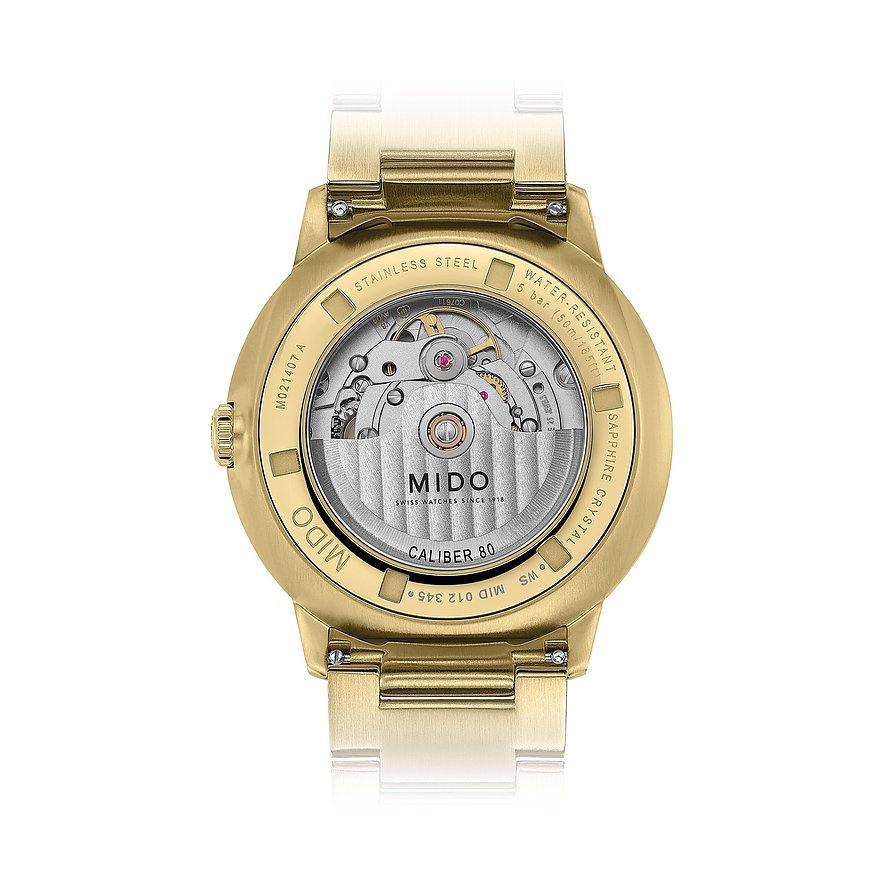 Mido Herrenuhr mit Edelstahlgehäuse, analog, mit Sichtboden und Automatikwerk.