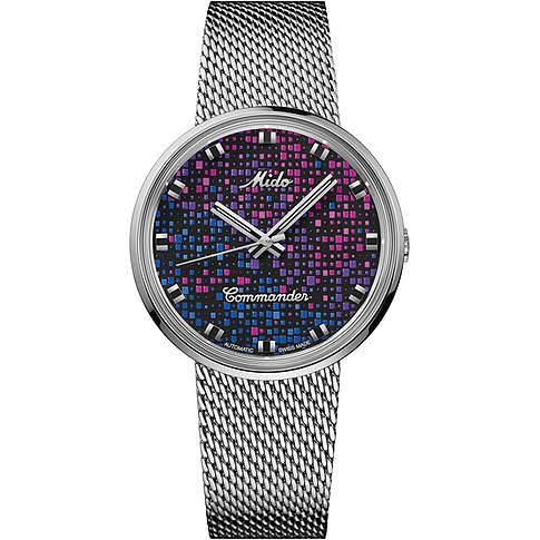 Mido Unisexuhr mit Edelstahlgehäuse, analog, mit farbigem Zifferblatt.