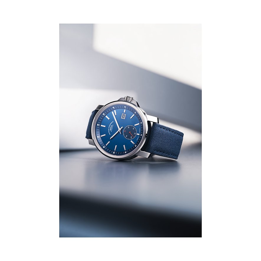 Mühle-Glashütte Herrenuhr mit Edelstahlgehäuse, blauem Zifferblatt und Datumsanzeige.