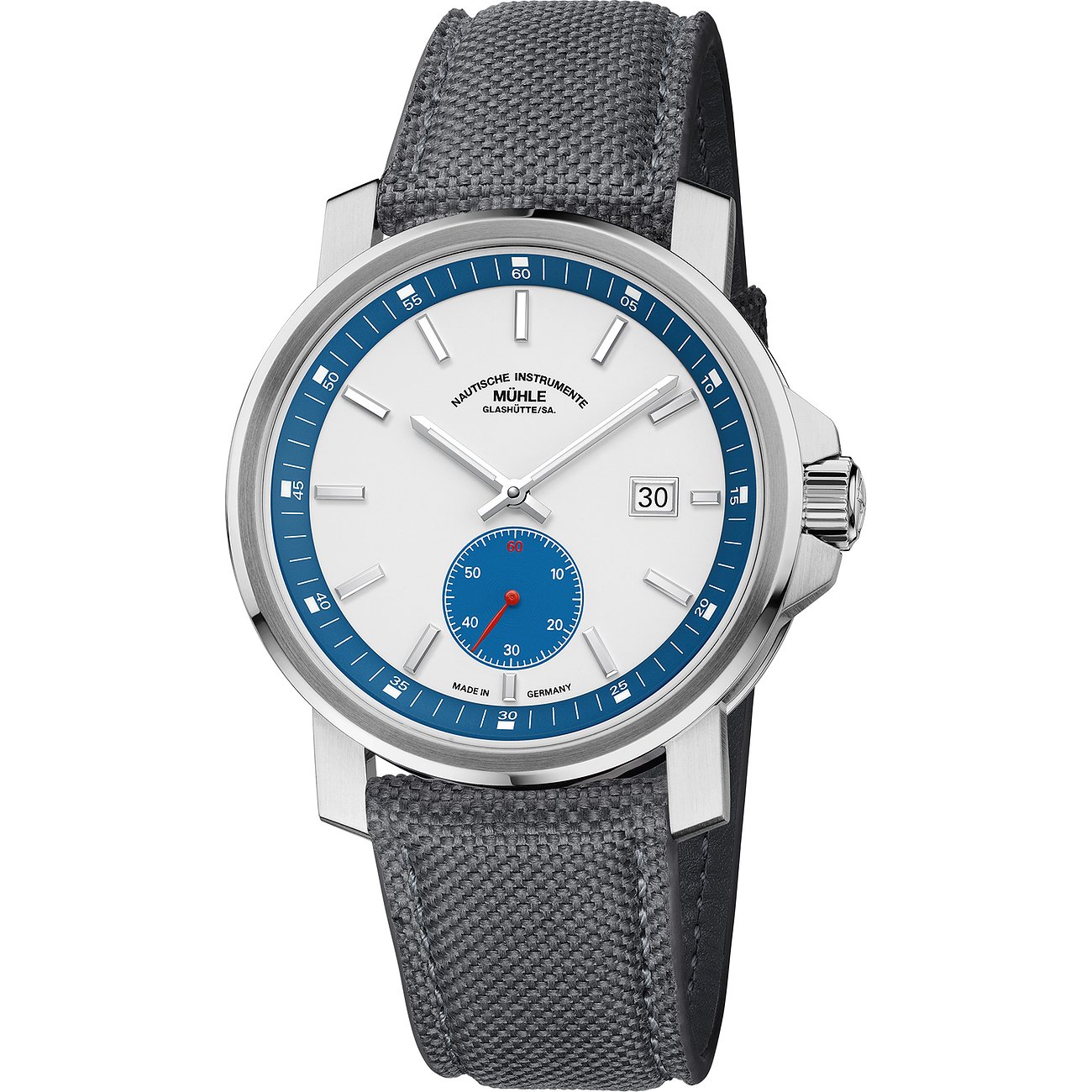 Mühle-Glashütte Herrenuhr mit Edelstahlgehäuse, weißem Zifferblatt und Datumsanzeige.