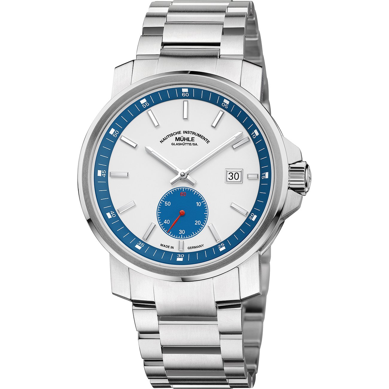 Mühle-Glashütte Herrenuhr mit Edelstahlgehäuse, weißem Zifferblatt und Datumsanzeige.