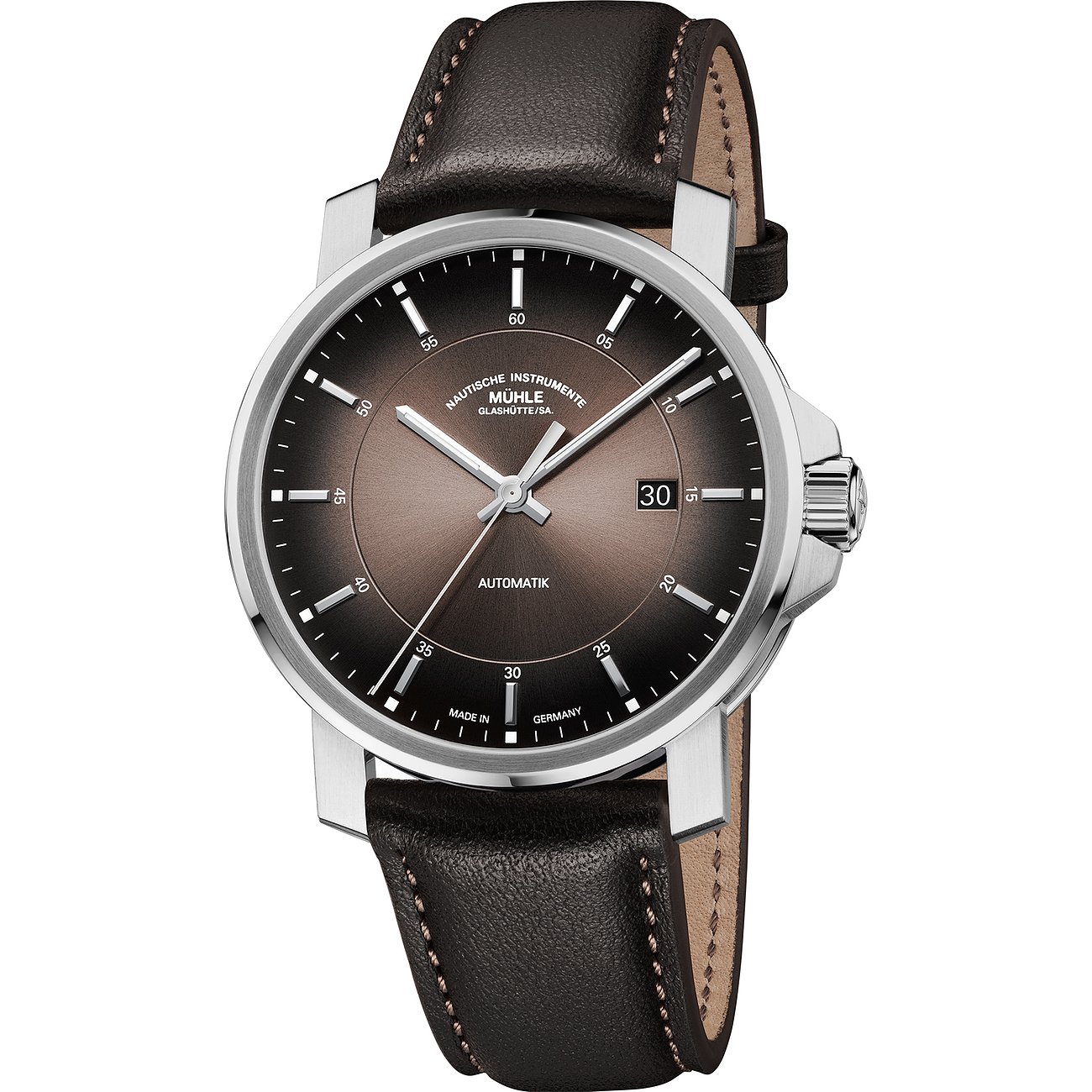 Mühle-Glashütte Herrenuhr mit Edelstahlgehäuse und braunem Lederarmband.