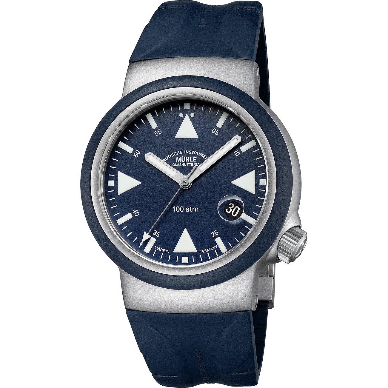 Mühle-Glashütte Herrenuhr mit Edelstahlgehäuse, blauem Zifferblatt und Datum.