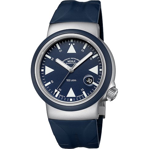 Mühle-Glashütte Herrenuhr mit Edelstahlgehäuse, blauem Zifferblatt und Datum.